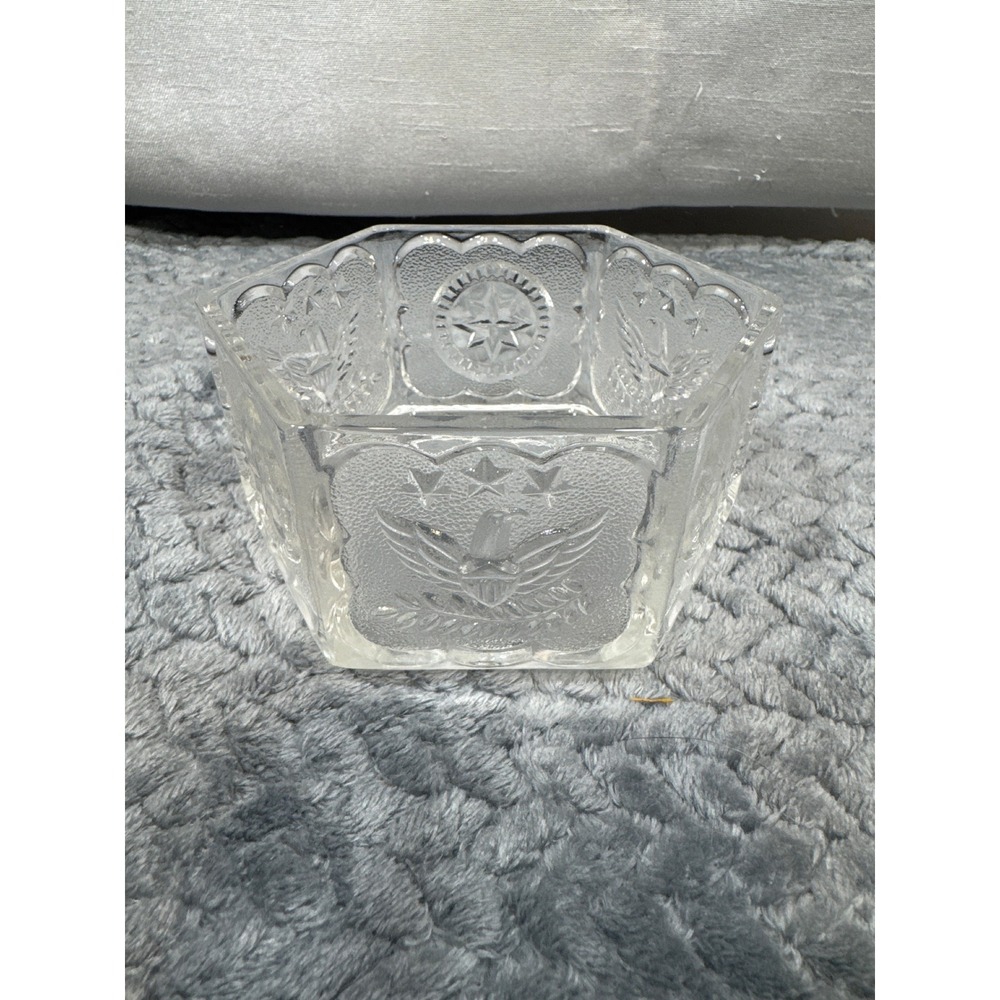 Vintage Hexagonal Pressed Glass Bowl American Eagle Star Patriotic Clear Dish